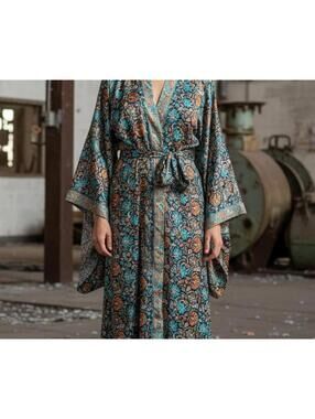 Bohemian Teal & Rust Printed Kimono Robe